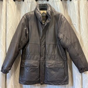 Eddie Bauer Vintage Brown Leather Men's Goose-down Coat Size L pristine interior